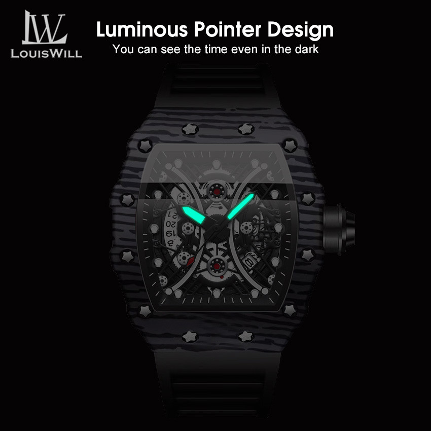 LouisWill Watches Fashion Men Watches Business Casual Wristwatches Silicone Strap Quartz Watch Luminous Watch Skeleton Dial Watch 3ATM Waterproof Watch With Calendar Luminous Pointers. 