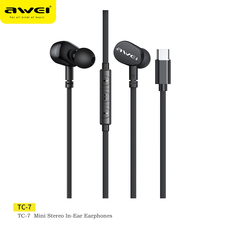Awei TC-7 Wired Earphone In-ear Type-C Headset For Phone Stereo USB C Plug Bass Sport Earbuds With Microphone Control 1.2m