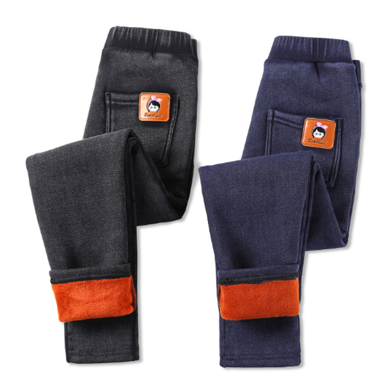 Girls' Winter Leggings Fleece-Lined Thickened Winter Wear Trousers Children's Wear Imitation Denim Pencil Warm Pants. 