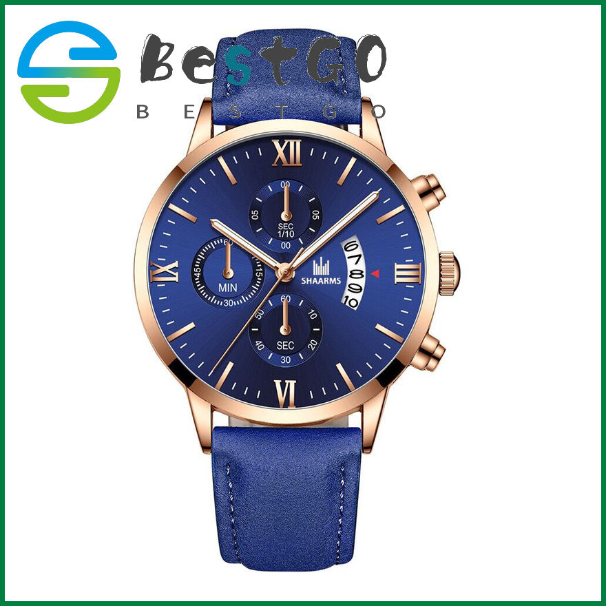 【BestGO】Business casual men's belt watch Roman scale threeeye calendar