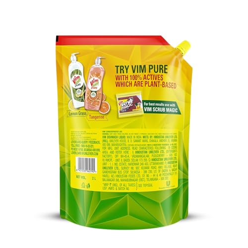 Vim Dishwash Liquid Gel Lemon Refill Pouch, 2 Ltr | Dishwash Gel Infused With The Power Of Lemons | Leaves No Residue FROM INDIA(SAM). 