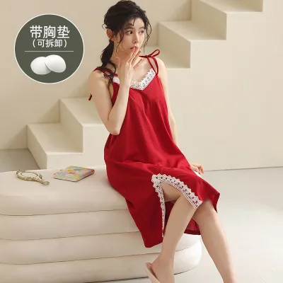 bellylady Summer Women Cotton V Neck Sleeveless Nightgown With Chest Pad  Sexy Large Size Sling Nightdress Solid Color Breathable Homewear