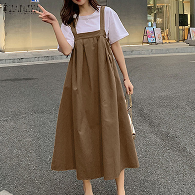 Womens Cotton Linen Bib Dungaree Sleeveless Mini Dress Pinafore Loose Suspender