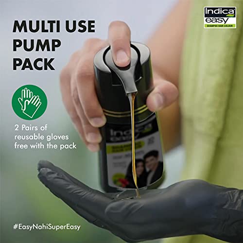 Indica Easy Do-It-Yourself Hair Color Shampoo Pump Pack with 5 Herbal Extracts and 100% Ammonia Free, Long Lasting Formula, 180 ML - Natural Black Colour (Gloves Included) (FROM INDIA SAB). 