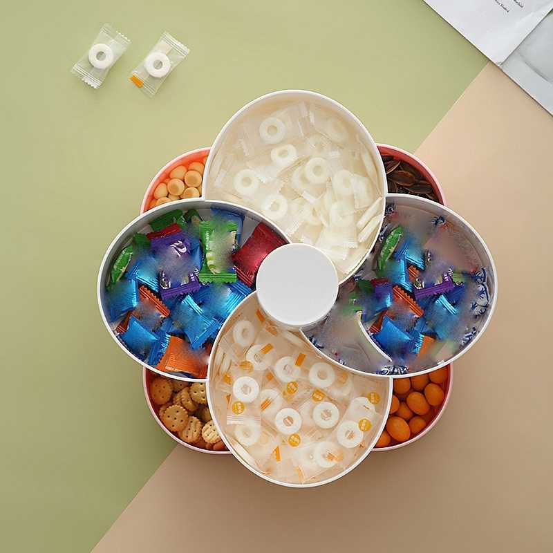 Candy and Nut Container, 6-Compartment Petal-Shaped Plastic Food Storage Lunch Double-Layer Storage Box with Lid. 