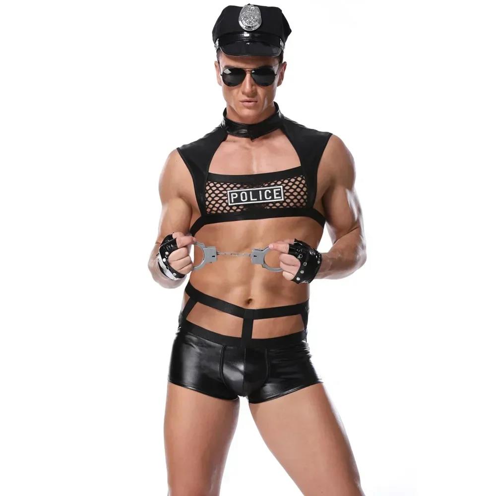 Men Police Costume Black Latex Mesh Lingerie Hocomfortable t Cop Uniform Cosplay Policemen Dress Up Outfit. 