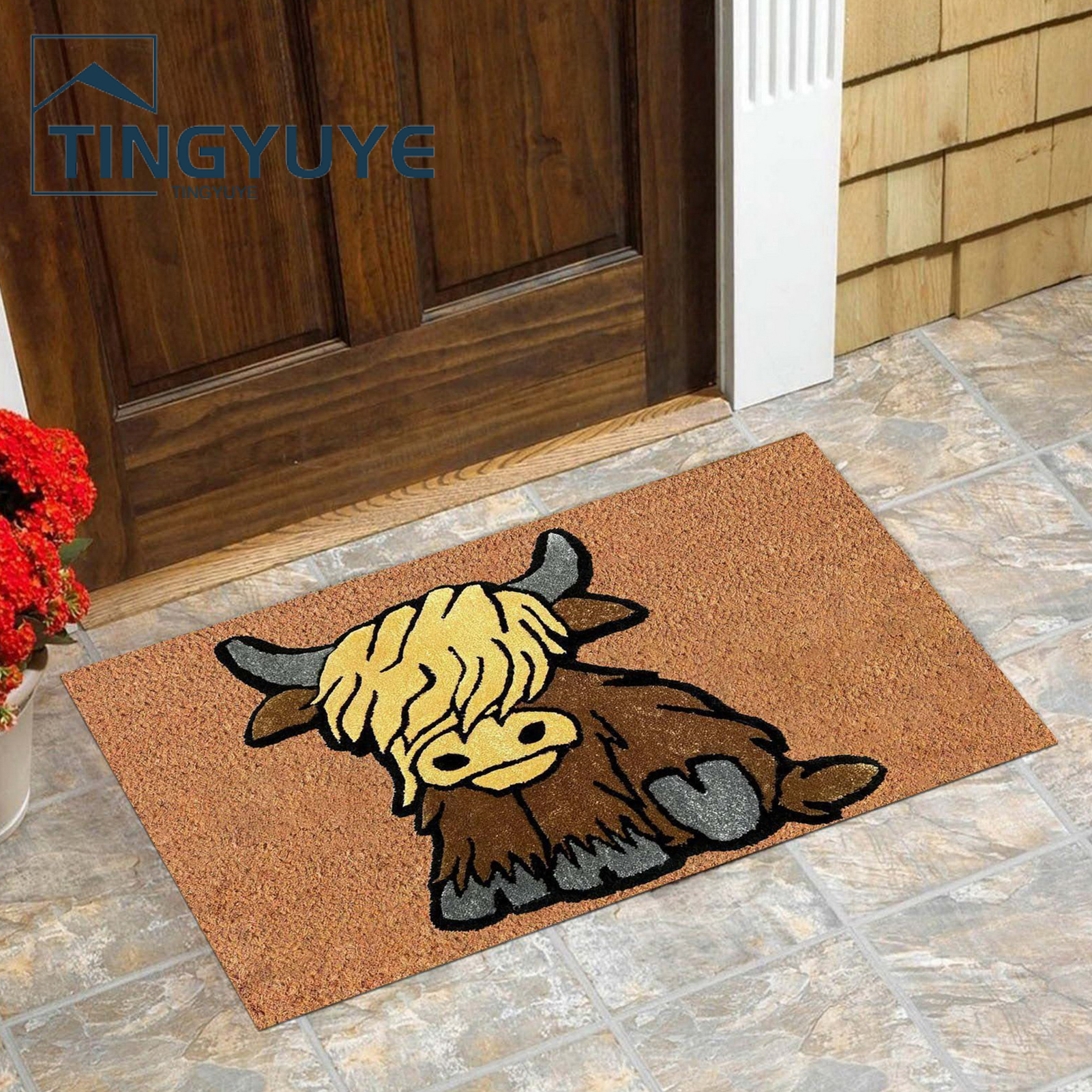Door Mat Non-Slip Dirt-resistant Decorative Polyester Highland Cow Entrance Door Rug Bedroom Supply. 