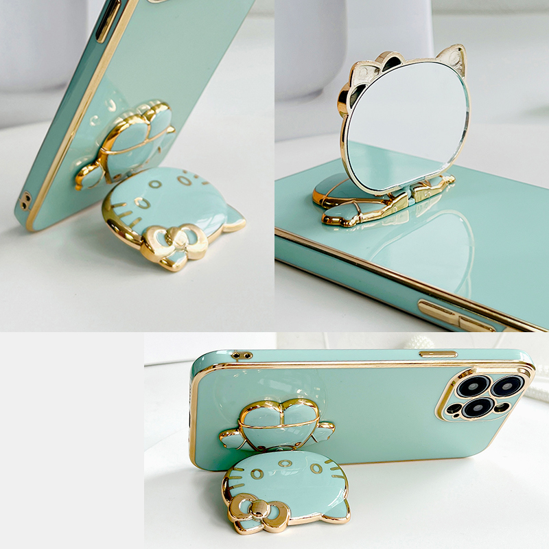 TA for iPhone 6 6S Back Cover Hello Kitty Mirror Folding Bracket Luxury 6D Plating Case Soft Silicone Square Phone Case for Girls. 