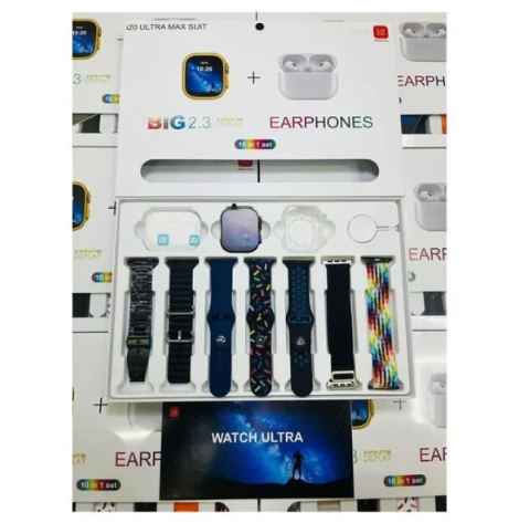 Hiwatch i20 Ultra 2 , 3 MAX Suit SmartWatch + Airpods Pro with Transparent Screen Guard Watch with Seven Decorated Straps. 