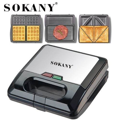 Sokany 3 in 1 Sandwich Maker with Detachable Plates for Toast / Waffle / Grill 1400 Watts. 