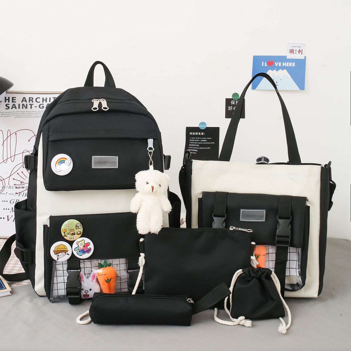 KankongAgu New Large-Capacity Primary School Junior High School Students Shoulders Backpack High School Five Sets of Multi-Compartment Fash. 