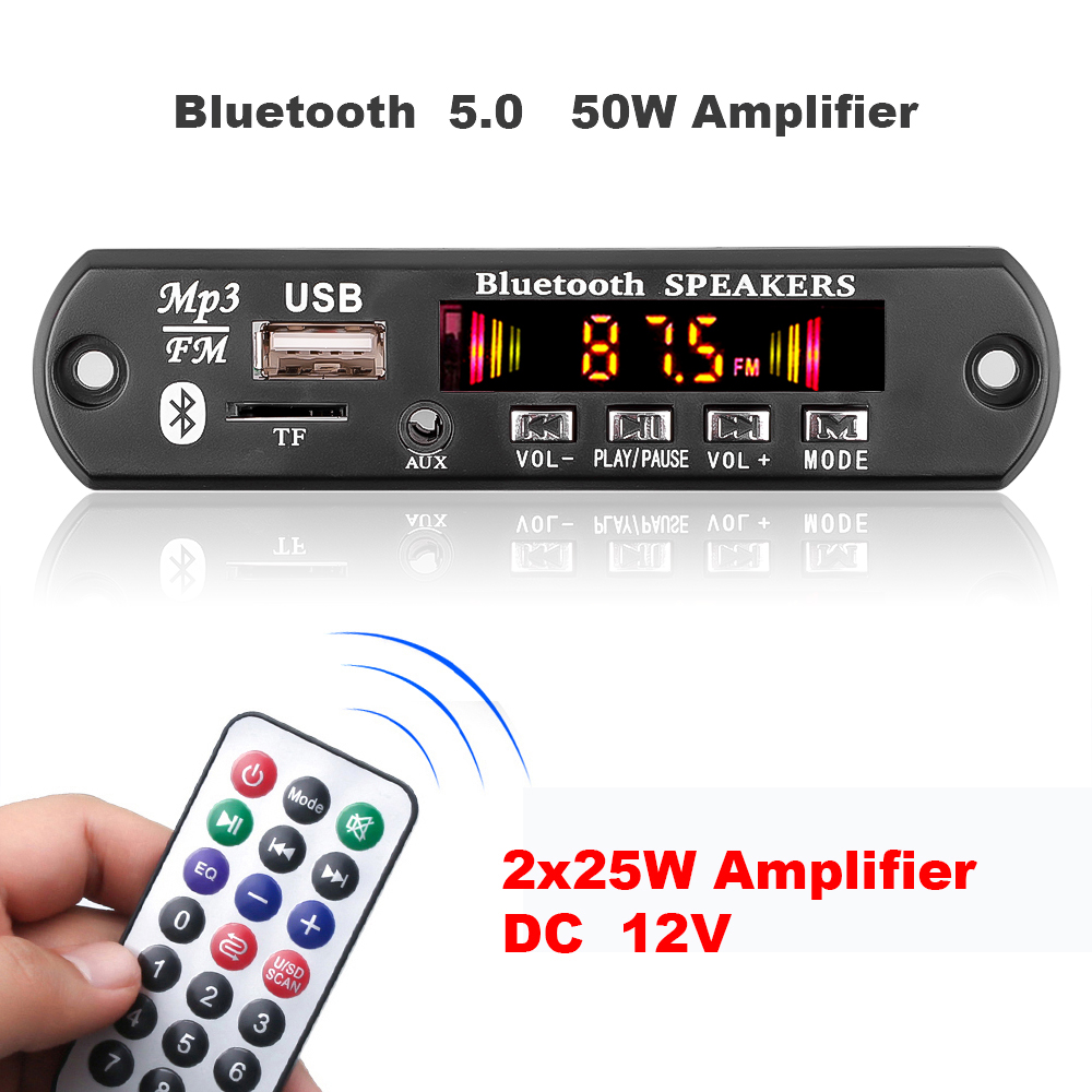 25W * 2  Total 50W Amplifier Bluetooth 5.0 MP3 Decoder Board Handsfree 12V Wireless Music Player Audio Modul USB TF FM Radio. 