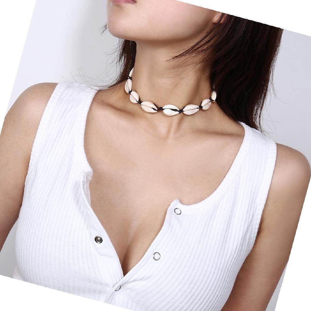 Boho Bohemian Natural Seashell Necklace -Braided Rope Sea Shell Pendant Chain Choker Necklace- Women Beach Jewelry. 