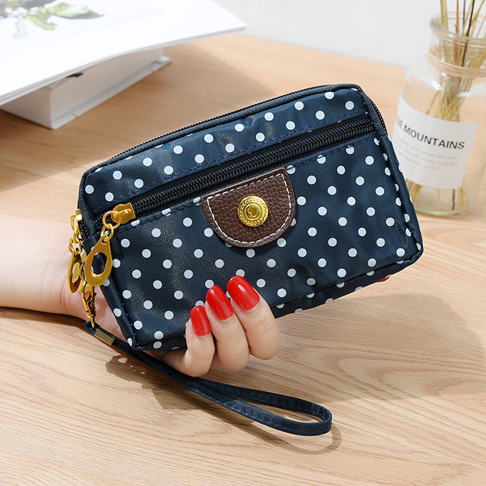 Yfashion women canvas handbag 3 layers zipper dot printing wallet color mobile phone case. 