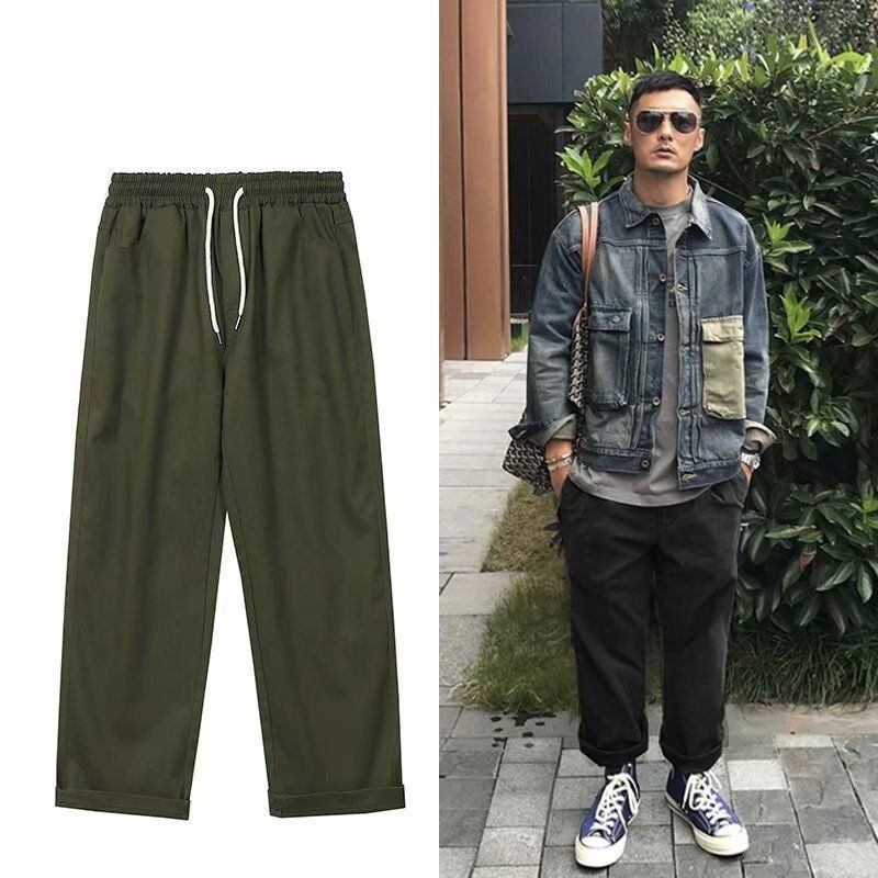 Summer Fashion Brand Hong Kong Style Pure Cotton Straight Overalls Men ins Hip-Hop Street Loose Wide Leg All-Matching Casual Trousers. 