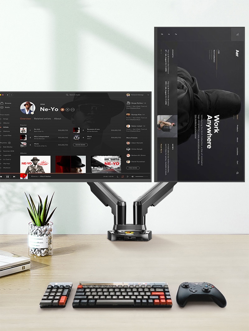 Desktop NB F160 + FP-2 Gas Spring Dual Arm for 17-27 Monitor Holder + 10-17 Laptop Support Air Press Mount Stand Load 2-9kg. 