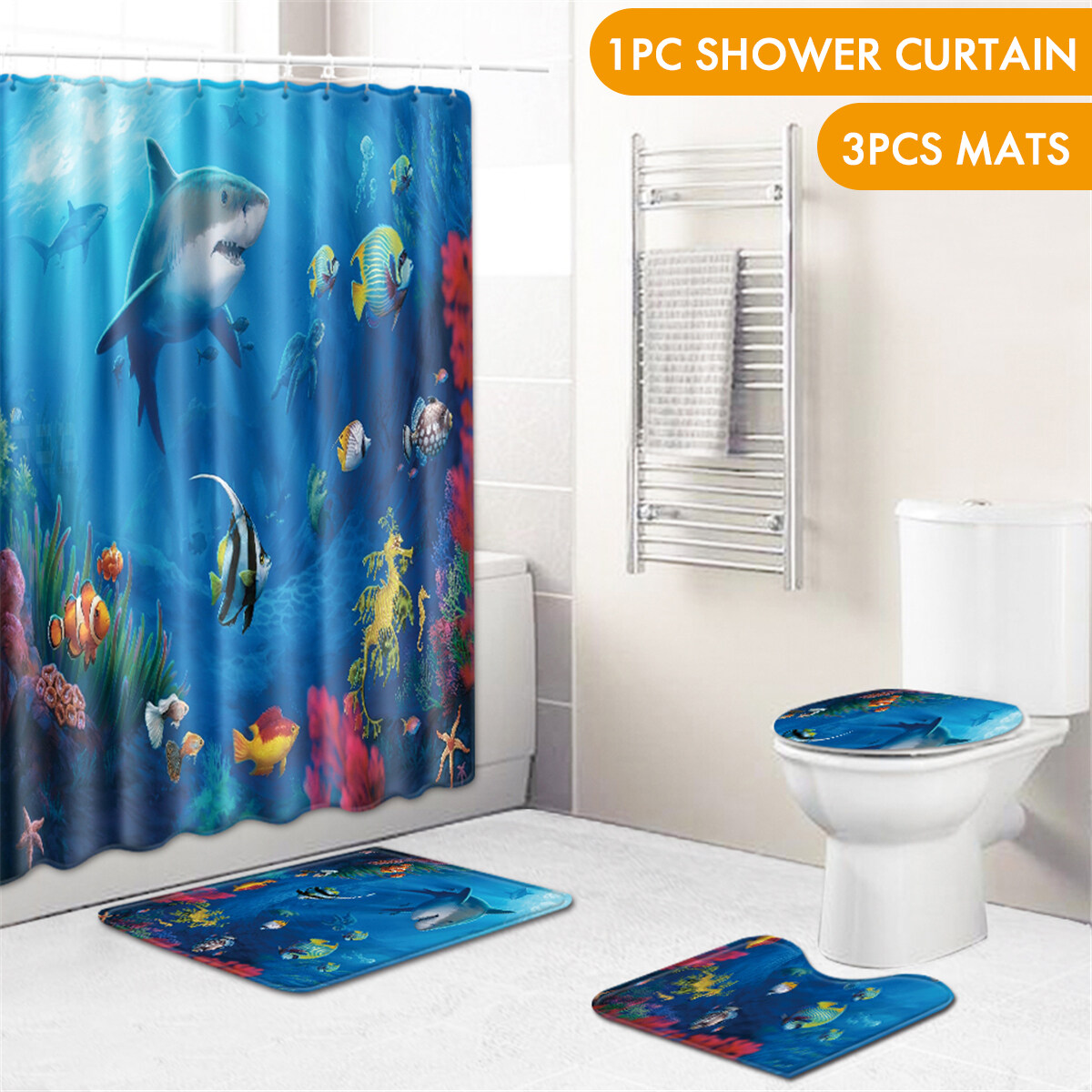 Marine Life Bath Mat Toilet Seat 3 Piece Set 品質満点！