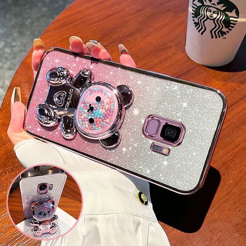 For Samsung Galaxy S9 / S9 Plus Back Cover with 3D Bear Hidden Stand Bracket Luxury 6D Gradient Shiny Plating Glitter Women Phone Case Clear Soft Silicone Protective Cases Pouch Girls
