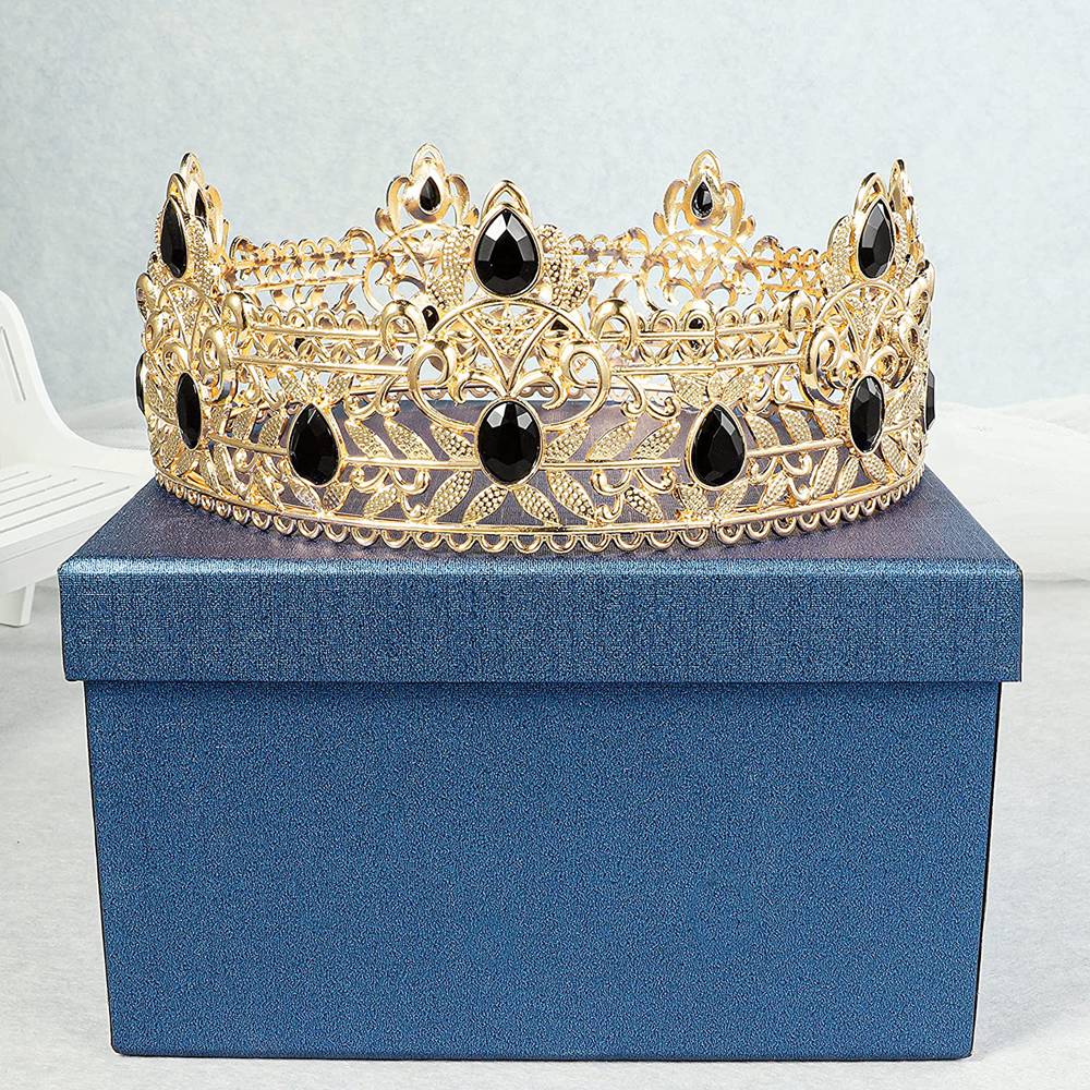 King Crown for Men, Birthday Crowns for Men Boys Vintage Royal Crown with Black Rhinestone,. 
