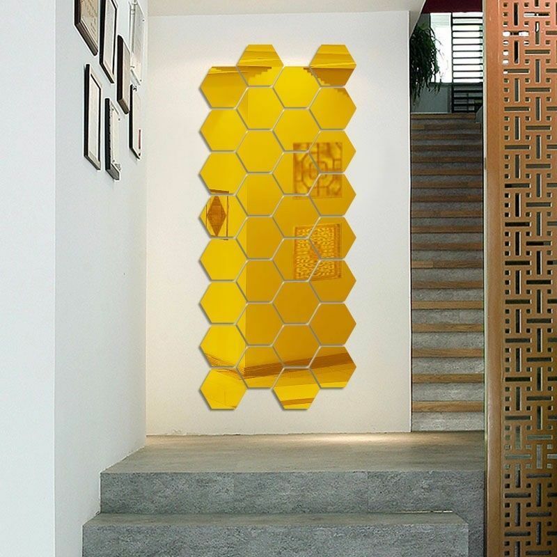 【BestGO】12pcs 3D Mirror Hexagon  Sticker Dinding Model Vinyl Removable Wall Sticker Decal Home Living Room Decor. 