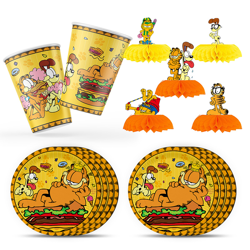 Cartoon Cute Garfield Birthday Party Decorations Set Tableware Paper Napkins Plates Cups Childrens Happy Birthday Supplies
