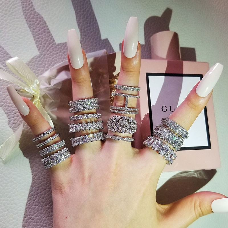 【IKE】 Luxury Vintage Silver Color Wedding Band Eternity Ring for Women Big Gift for Ladies Love  Lots Bulk Jewelry R4577. 