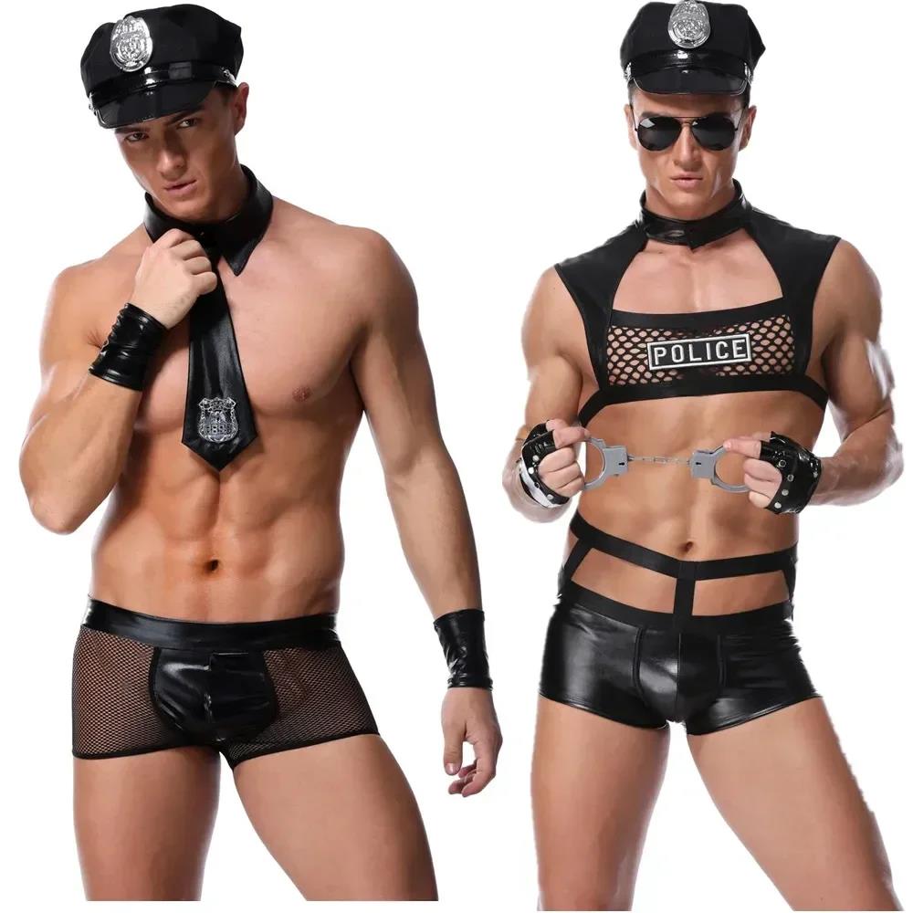 Men Police Costume Black Latex Mesh Lingerie Hocomfortable t Cop Uniform Cosplay Policemen Dress Up Outfit