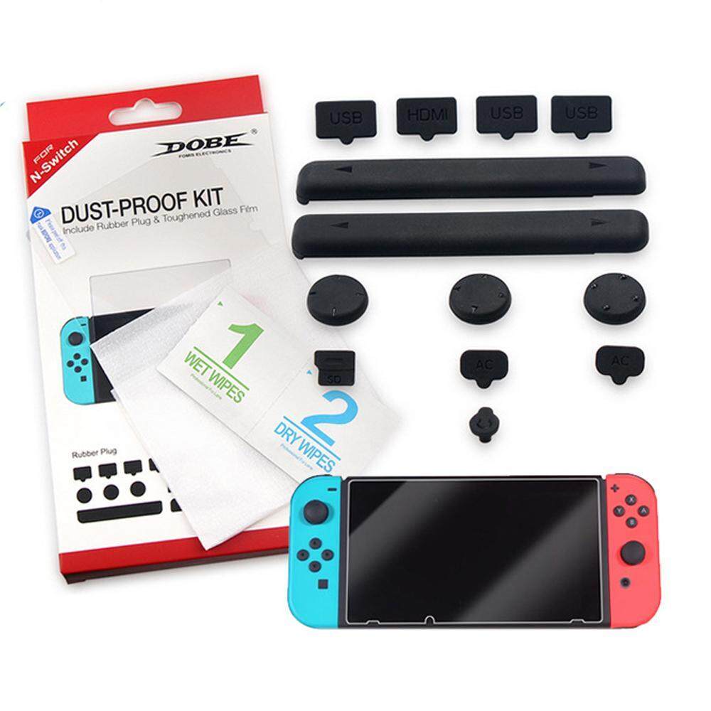 Soft Silicone Plug Dust Proof Kit Set with Tempered Glass Screen Protector for Nintendo Switch. 