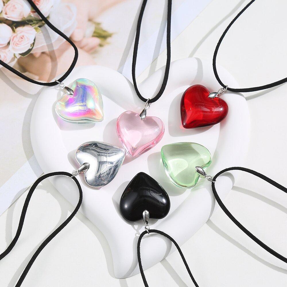 Third movement★韓国 人気★Big Melting Heart String Necklace Gold Puffed Heart String Necklace Black Cord Long Wrap Tie