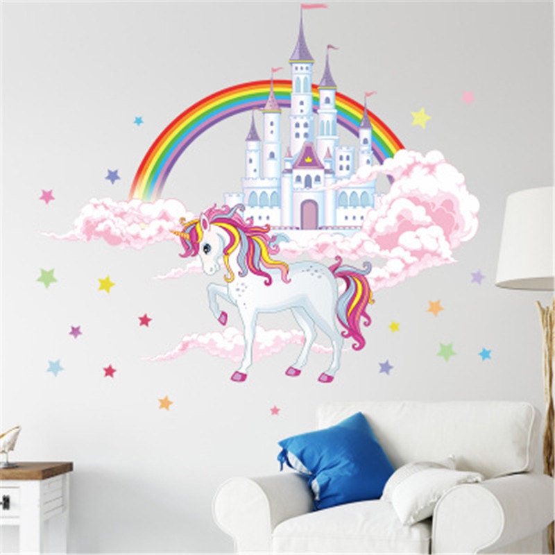 【WEJA】Colorful Rainbow Pink Princess Castle Unicorn Wall Sticker For Girls Kids Bedroom Unicorn Wall Decor Vinyl Mural Decals Muraux. 