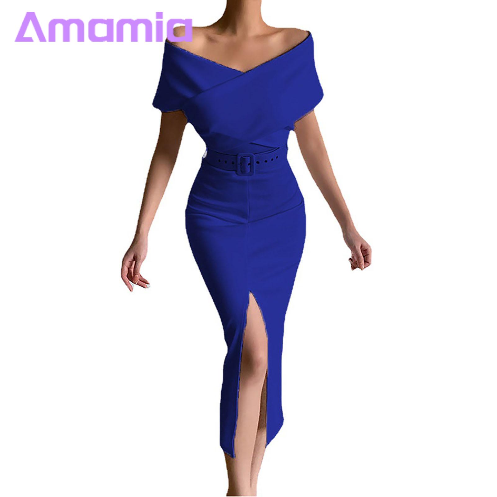 Evening Dress Solid Color Elegant Off Shoulder Front Split Bodycon Dress. 