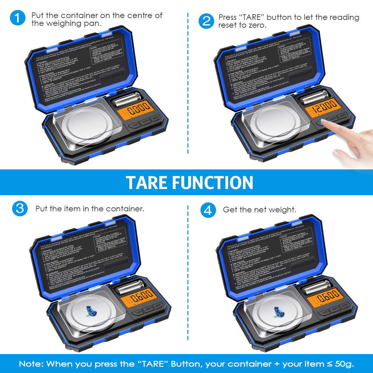 【ZOSR】Brifit 0.001g/50g Digital Pocket Scale, 0.001g Division Precision Mini Food Scales, Portable Mini Jewelry Scale with Calibration Weights, Tweezers, , Tare Function, for Jewelry, Experiment,with 50g Calibration Weight and Tweezers. 