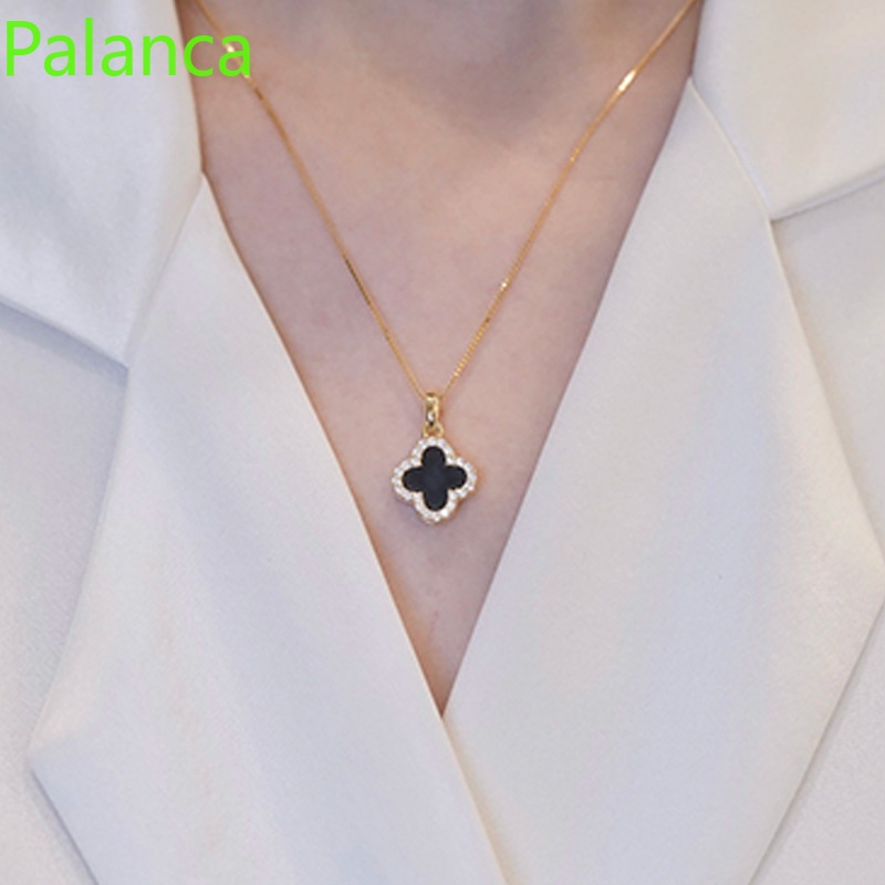 HOT Zircon Four-leaf Clover Necklace Double Sided Shell Clavicle Necklace. 