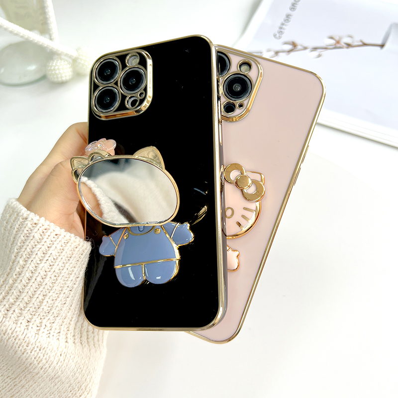TA for iPhone 6 6S Back Cover Hello Kitty Mirror Folding Bracket Luxury 6D Plating Case Soft Silicone Square Phone Case for Girls. 