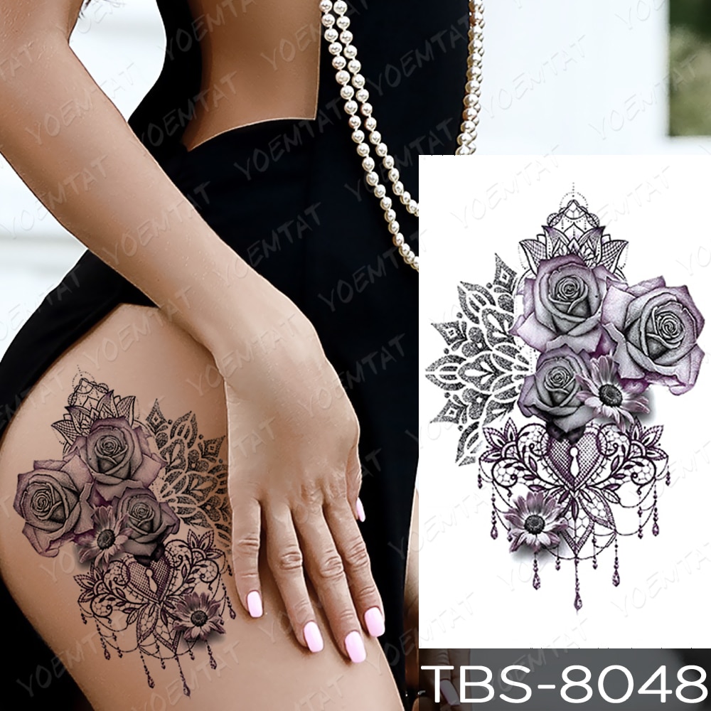 Purple Rose Jewelry Water Transfer Tattoo Stickers Women Body Chest Art Temporary Tattoo Girl Waist Bracelet Flash Tatoos Flower. 