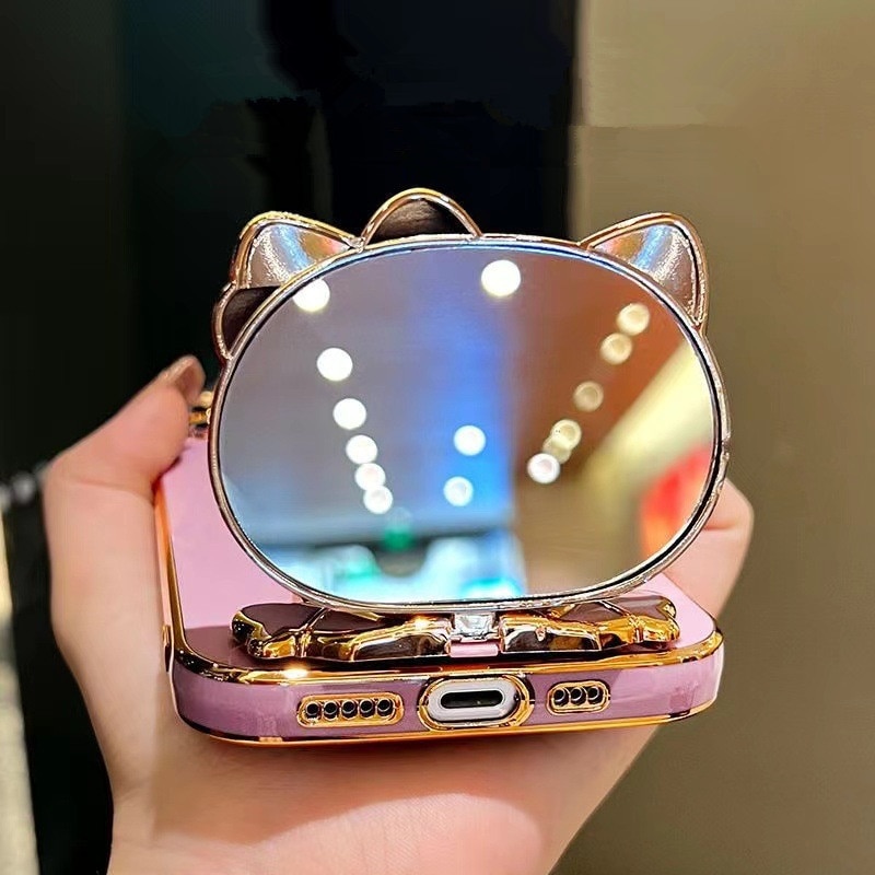 For Samsung Galaxy A05 A05s A04 A04e A04s Back Cover with Cute Cat Makeup Mirror Stand Bracket Luxury 6D Plating Shiny Bling Case Square Edge Soft Silicone Mobile Phone Cases Pouch Girls. 