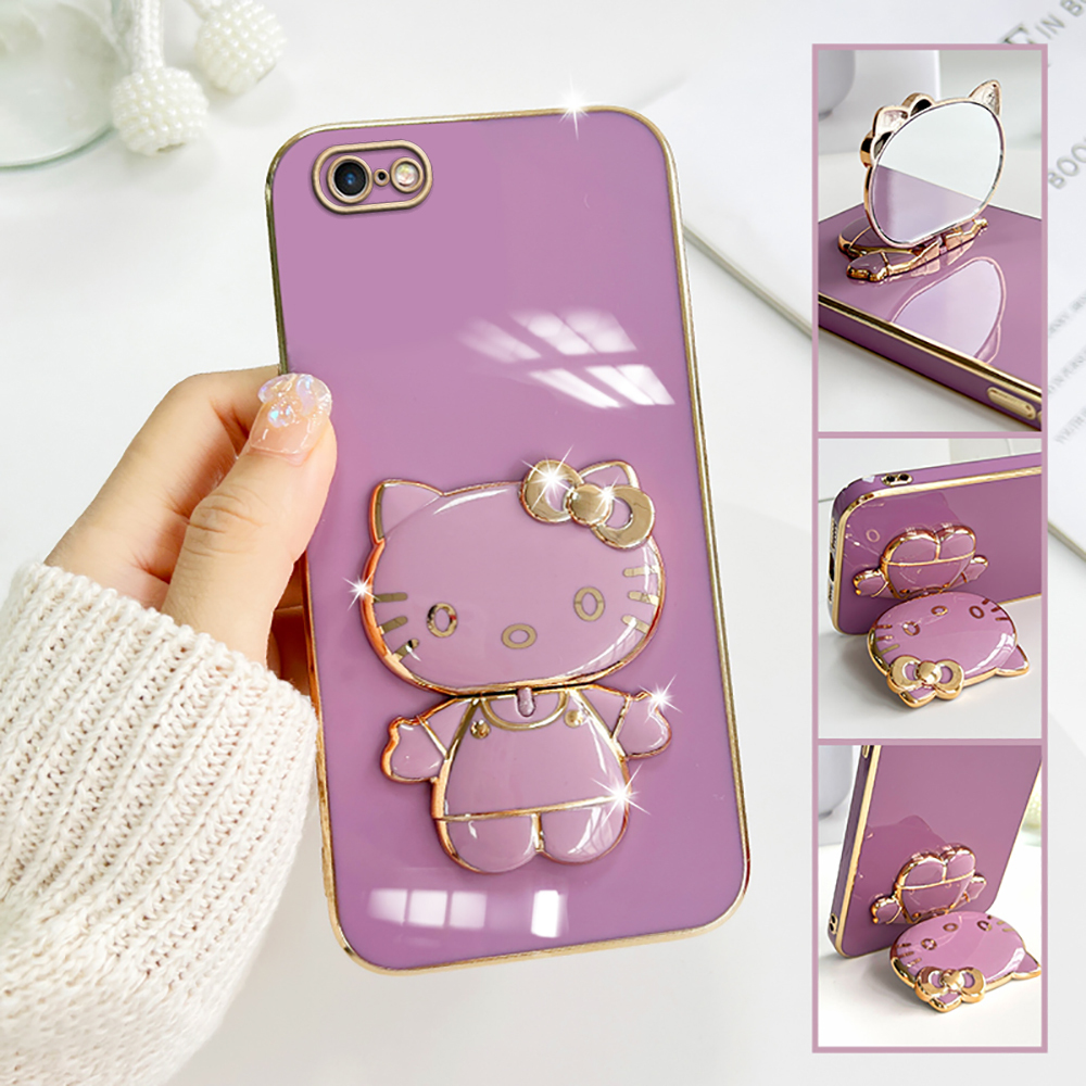 TA for iPhone 6 6S Back Cover Hello Kitty Mirror Folding Bracket Luxury 6D Plating Case Soft Silicone Square Phone Case for Girls. 