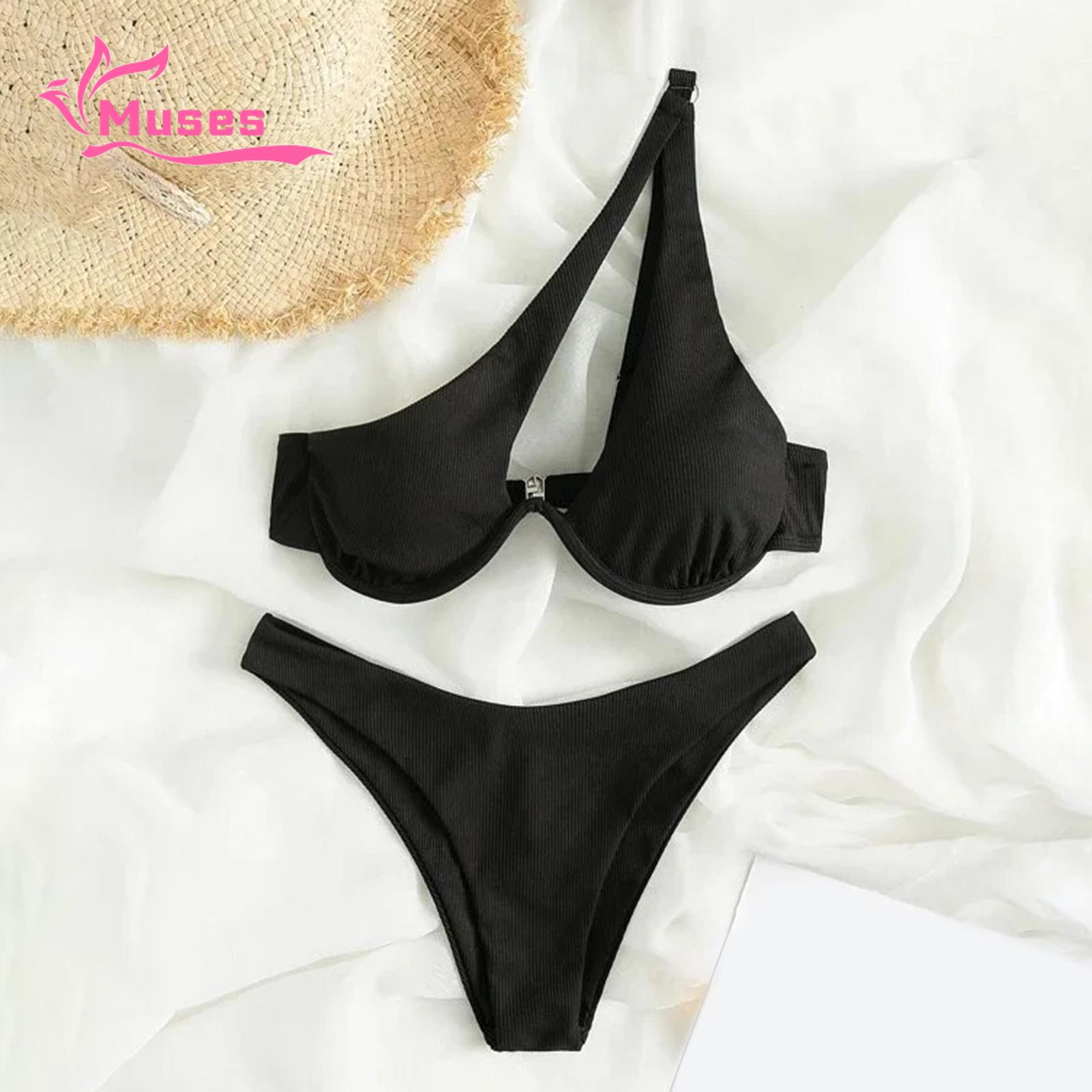 Muses Mall Women One-shoulder Bikini 2pcs Women Color Block One-shoulder Bikini Set High Waist Briefs Beachwear. 