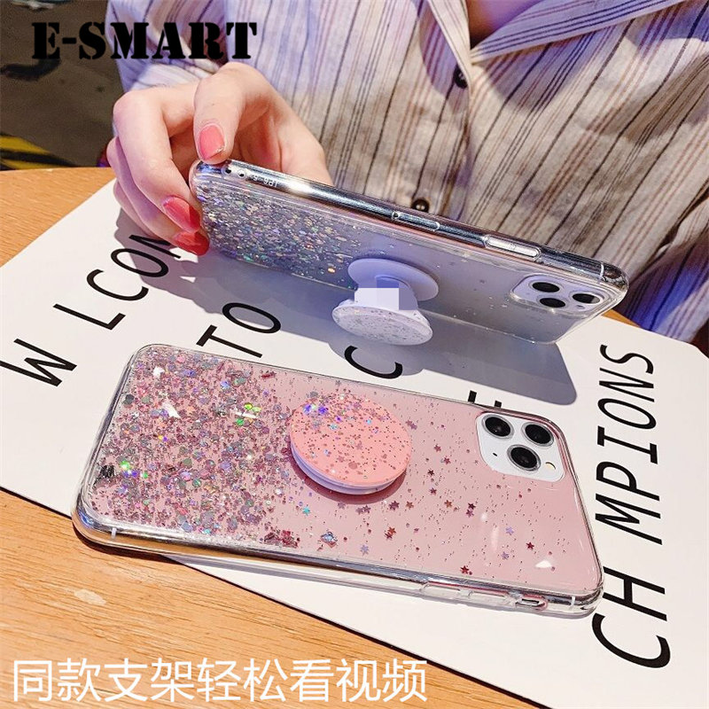 Phone case OPPO A54 Back cover Shiny Ring Glitter Soft Transparent Holder Stand Back cover with String Glitter Space Stars Moon OPPO A54 case. 