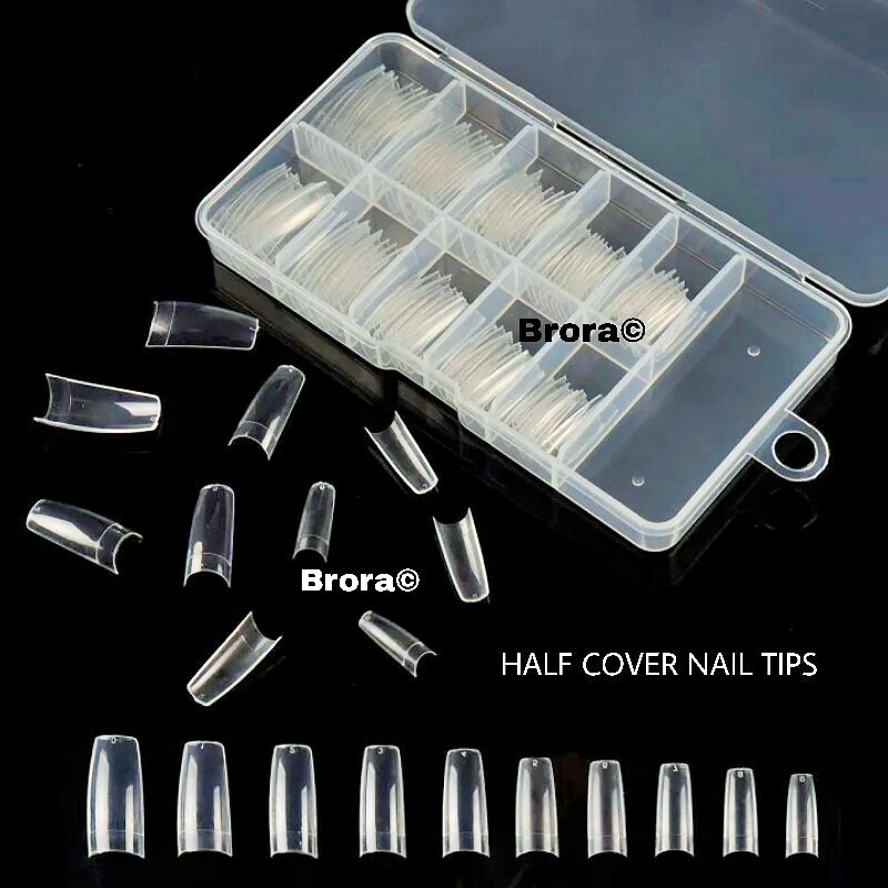 100 Half Cover Nails Long Acrylic Nail Tips Artificial False Nails Clear ,Natural & White - Free Nail Glue. 