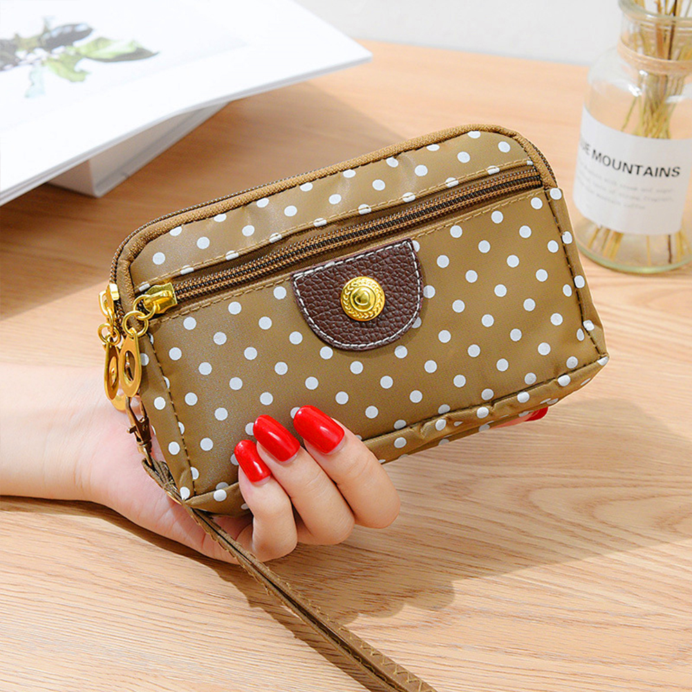 Yfashion women canvas handbag 3 layers zipper dot printing wallet color mobile phone case