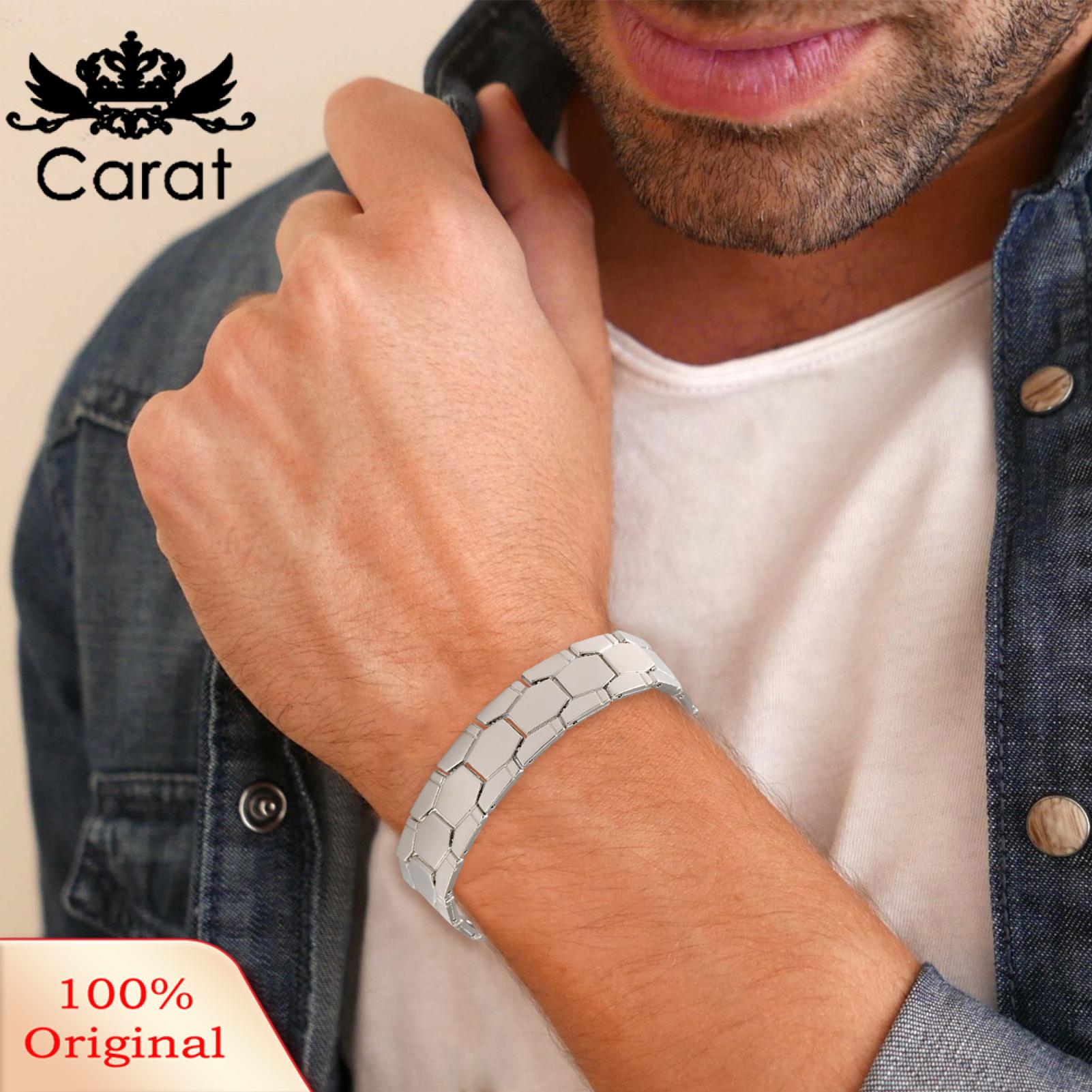 Carat Men Bracelet Stylish Men's Hexagon Magnetic Bracelet Wide Band Alloy Wrist Bangle for Daily Wear Gifting Trendy Adult Jewelry for Parties Puzzle Texture Bracelet. 