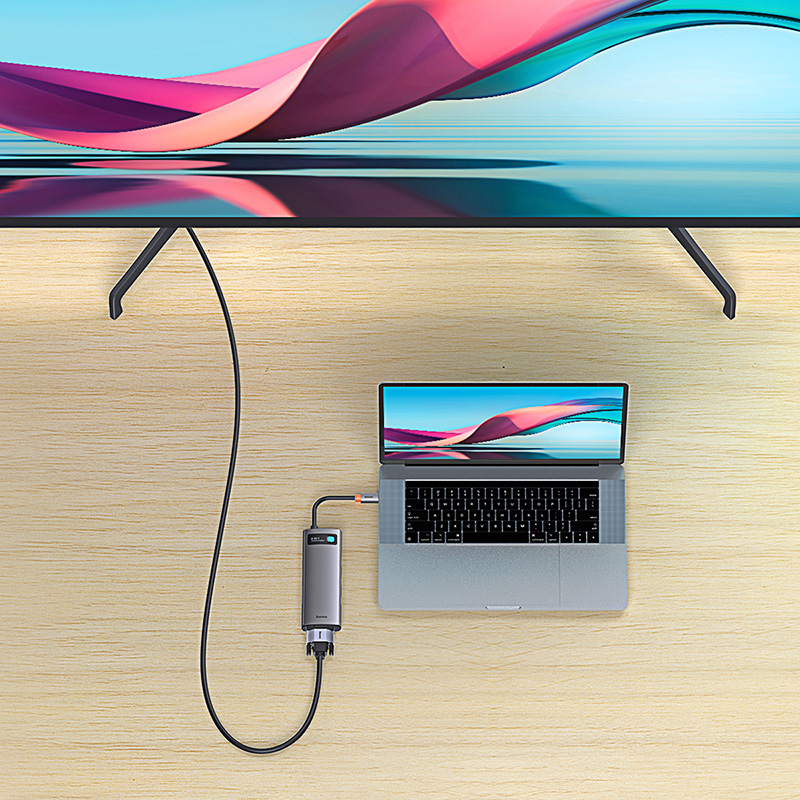 Baseus 8-in-1 Star Joy Series Multifunctional Type-C HUB Docking Station Gray (Type-C to HDMI*1 / VGA*1 /USB3.0*3 / Type C PD*1 / SD&TF*1) 6 Months Warranty. 