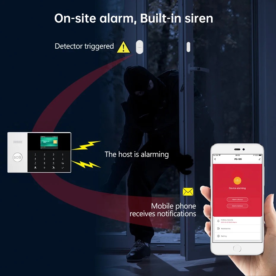 PGST PG 105 TUYA Security Alarm System WiFi Gsm  RFID Home Burglar Security Alarm Home Kit Wired And Wireless Smart Life APP Control. 