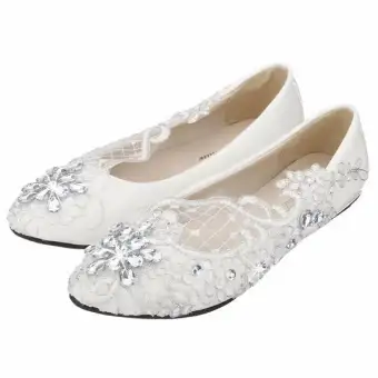 Lace Bridal Crystal Wedding Shoes Rhinestone Low Heel Flat