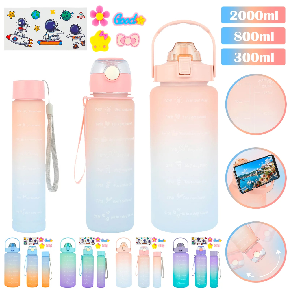 3pcs Water Bottle Colourful 2000ml 800ml 300ml 3 in 1