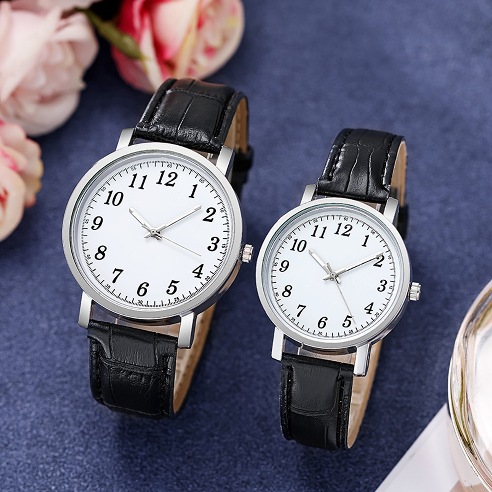 Couple Watch Round Battery Operated Faux Leather Strap Elegant 3-Hand Birthday Gift Adjustable Men Women Quartz Wrist Watch Fashion Jewelry. 