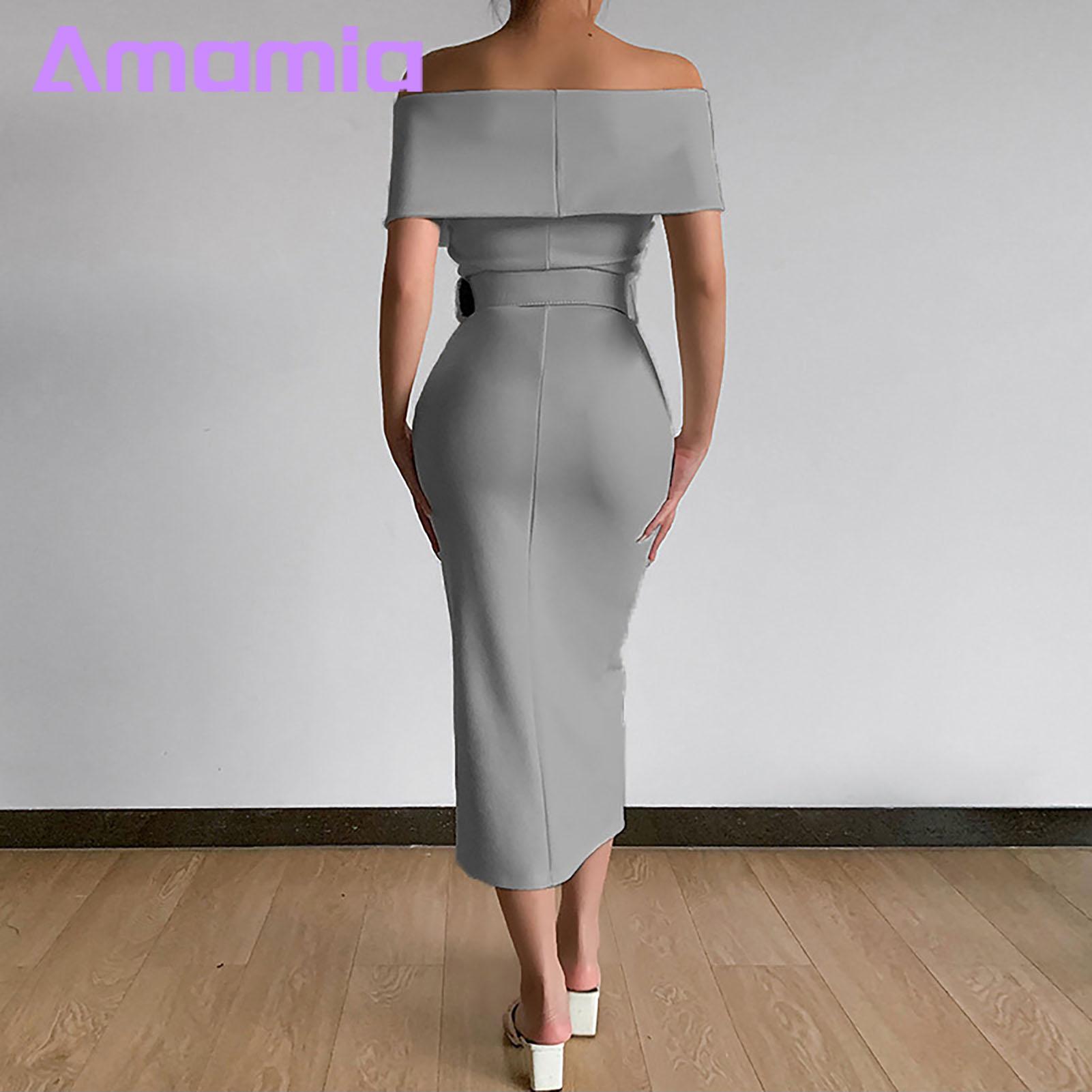 Evening Dress Solid Color Elegant Off Shoulder Front Split Bodycon Dress. 