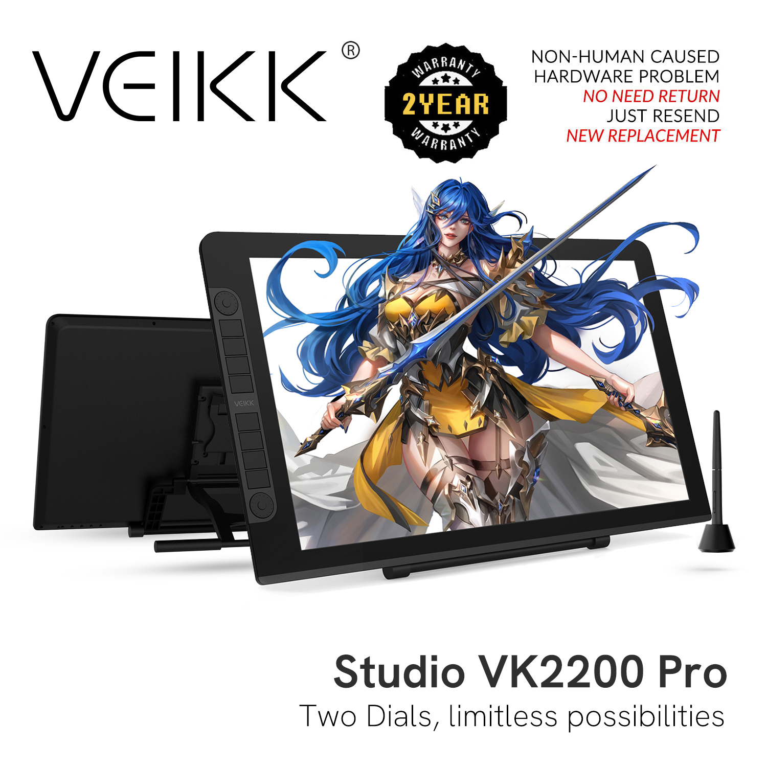 Veikk Studio VK2200 Pro Lukisan Pen Paparan Grafik Monitor Ips Monitor 8192 Tahap Tekanan Pen Lukisan Pen Pen Tablet Dual Monitor dengan 2 Disesuaikan Cepat Dial 8 Express Kunci dan Boleh Laras Berdiri 21.5 Inci