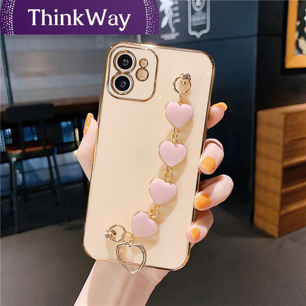 【ThinkWay】Luxury Plating Love Heart Chain Wrist Bracelet Soft Phone Case for Iphone 13 12 Pro Max X XS XR 11 Pro Max 7 8 Plus Coque Cover